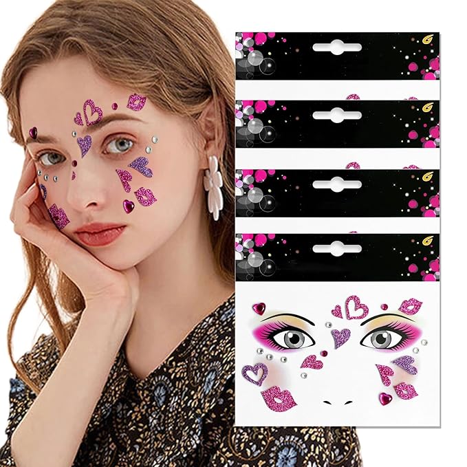 Heart Face Tattoos Stickers Glitter Face Gems Valentine's Day Temporary Tattoo Lip Kiss Face Stickers for Women 4Pcs