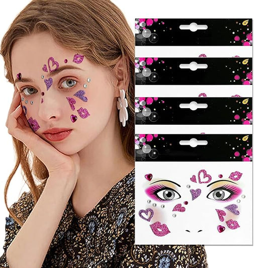 Heart Face Tattoos Stickers Glitter Face Gems Valentine's Day Temporary Tattoo Lip Kiss Face Stickers for Women 4Pcs