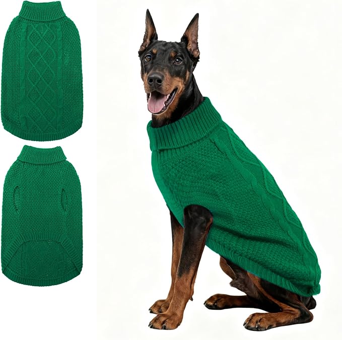 Mihachi Turtleneck Dog Sweater - Winter Coat Apparel Classic Cable Knit Clothes with Leash Hole for Cold Weather, Ideal Gift for Pet in New Year Green 3XL
