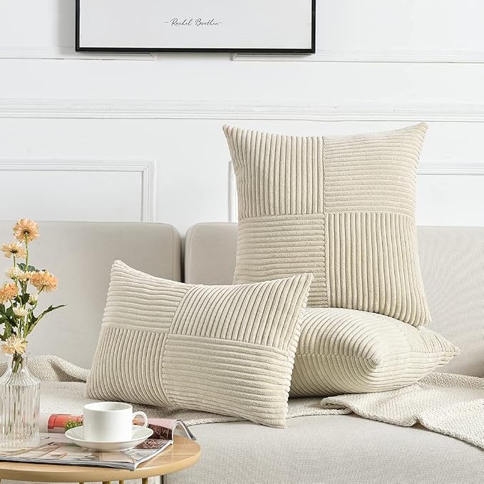 Fancy Homi Tan Decorative Throw Pillow Covers 16x16 Inch for Living Room Couch Bed Sofa, Farmhouse Boho Home Decor, Soft Corss Patchwork Corduroy Textured Square Beige Cushion Case 40x40 cm