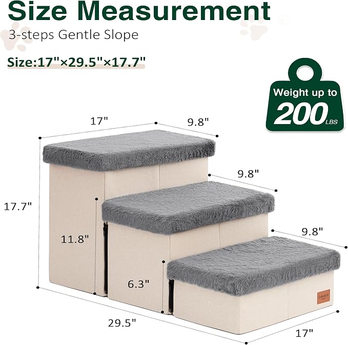 Love's cabin Dog Stairs for High Bed, Foldable Pet Stairs for Small Medium or Large Dogs Puppy with Storage for Bed or Couch, Cat Dog Steps Ramp with Zip up to 200 lbs, Grey, 3 Steps