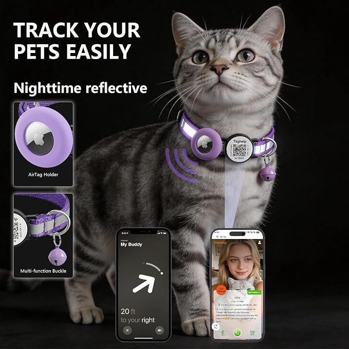 2 Pack Airtag Cat Collar, Breakaway Cat Airtag with Smart ID tag & QR Code Reflective (Reflective Strip & Paw Pattern - Purple, with Integrated AirTag Holder)