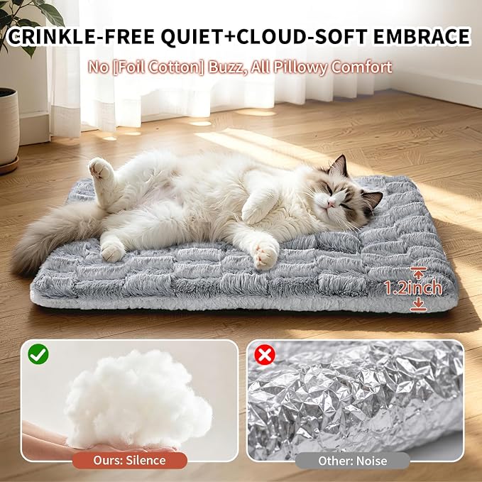 Self Warming Cat Bed for Indoor Cats, Soft Faux Rabbit Fur Mat | 23.6"x15.7", Faux Rabbit Fur with Ridged Chenille, Silent Crinkle-Free, Double-Sided Cozy, Non-Slip Bottom, Machine Washable