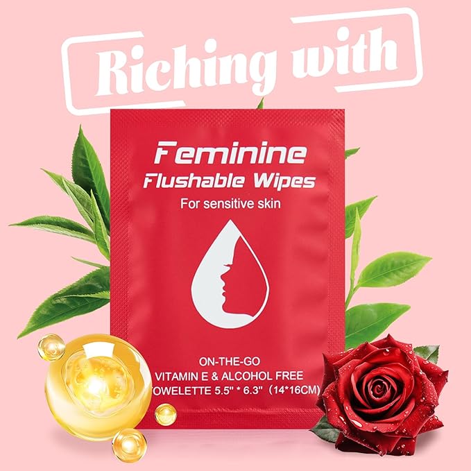 twoworld 50 Feminine Wipes Flushable Travel Individually Wrapped | Travel Wipes for Women,Feminine Care Wet Wipes Travel Size Vaginal Wipes for Adult,Girl and Homeless(Rose)