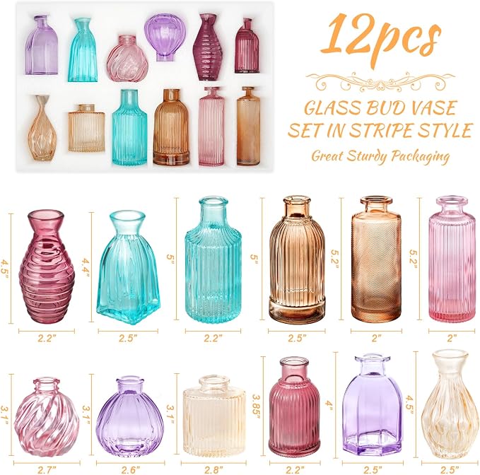 12PCS Mixed Colored Bud Vases Colorful Vintage Flower Vase for Centerpieces | Small Glass Vases for Flowers Aesthetic Glass Bottles Bulk Wedding Party Home Decorations Gifts