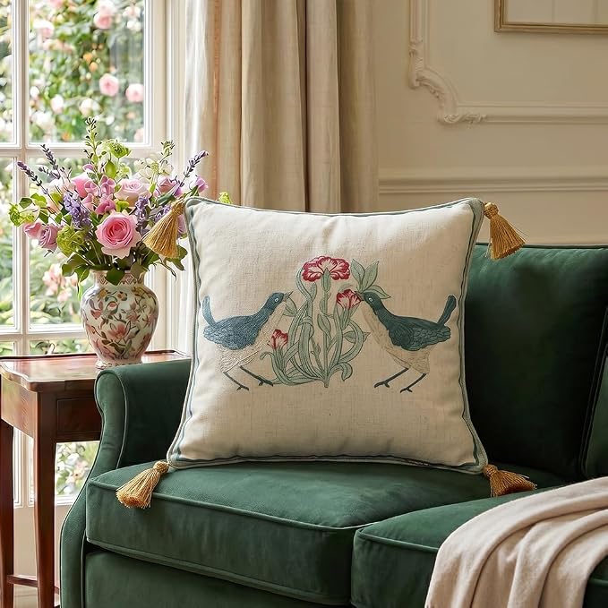 patdrea Designer French Vintage Linen Throw Pillow Cover,18"x18"-Cecilia E | Decorative Pillow Case with Zipper,Green Floral Pattern,Cushion Coverfor Couch Living Room Bedroom Sofa
