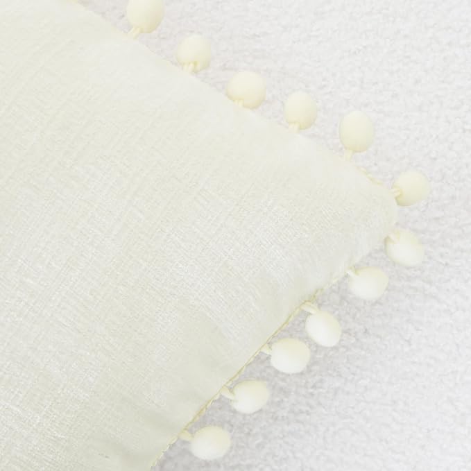 CaliTime Decorative Couch Throw Pillow Covers 20 X 20 Inches Cream | Pack of 2, Cozy Chenille Cushion Cases, with Pom Poms for Sofa Bed Living Room Farmhouse Home