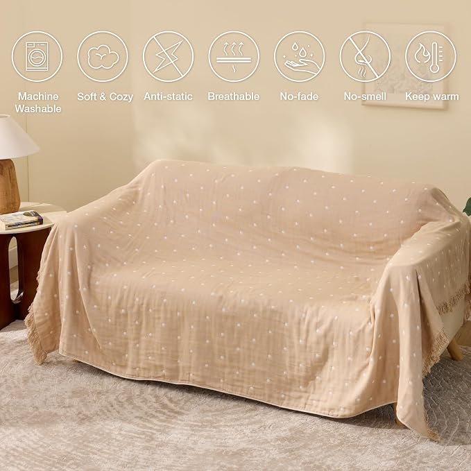100% Cotton Boho Throw Blanket for Home Decor – Classic Farmhouse Quilt Bedding, Muslin Blankets for Adults, Vintage Woven Decorative Blanket for Couch, Bed Layering Use, Classic Dotted, 50"x60"
