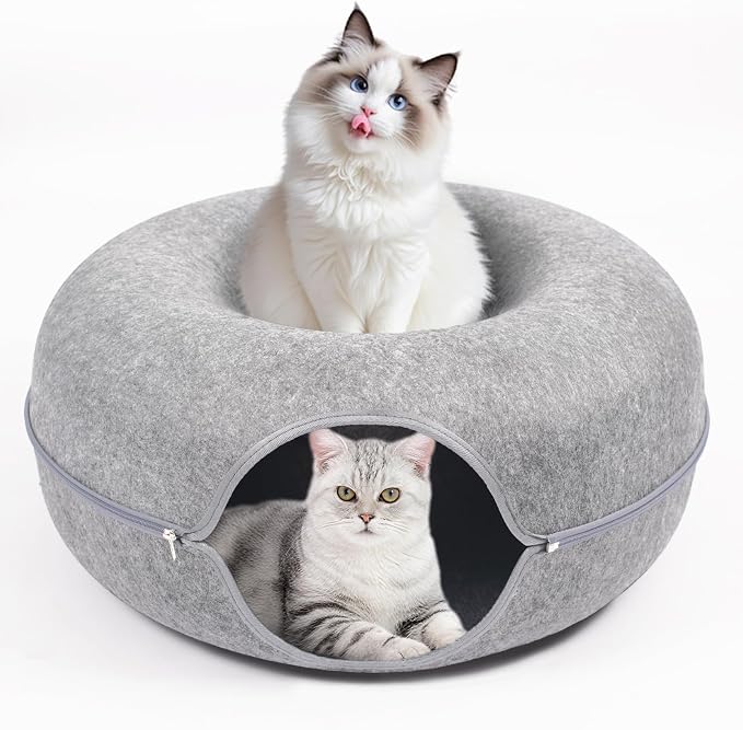 Cat Caves for Indoor Cats, Large Cat Tunnel for Multiple & Large Cats, Scratch Detachable Cave Bed, Kitten Donut Kitty Hideaway Up to 45 Lbs (Light Grey, Large, 2 Pack)