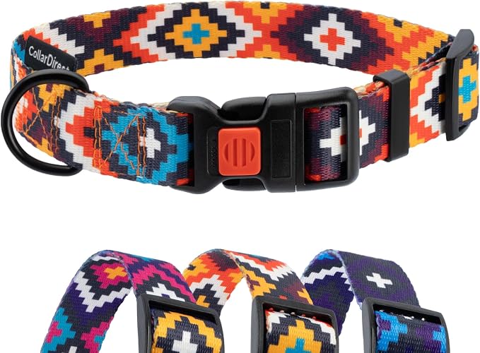 CollarDirect Aztec Dog Collar Adjustable Nylon Tribal Pattern Geometric Pet Collars for Dogs Small Medium Large Puppy (Aztec Sunset, Neck Fit 18"-26"