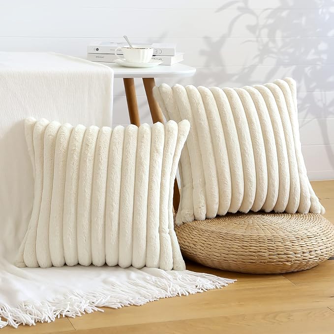 Soleebee Set of 2 Throw Pillow Covers Soft Cozy Velvet Pillowcase Faux Rabbit Fur Cover for Couch Sofa Bed Chair Home Decorative Pillows Cover (16x16 Inch, Ivory White)
