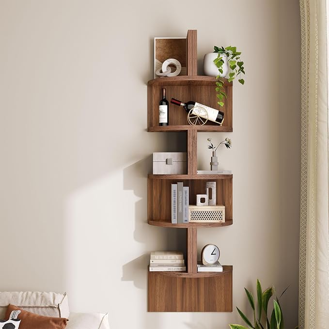 HOOBRO Corner Shelf Wall-Mounted, Set of 2 Floating Corner Shelves for Wall, 5-Tier Corner Bookshelves for Living Room, Bedroom, Bathroom, Home Office, Walnut WL26BJP201