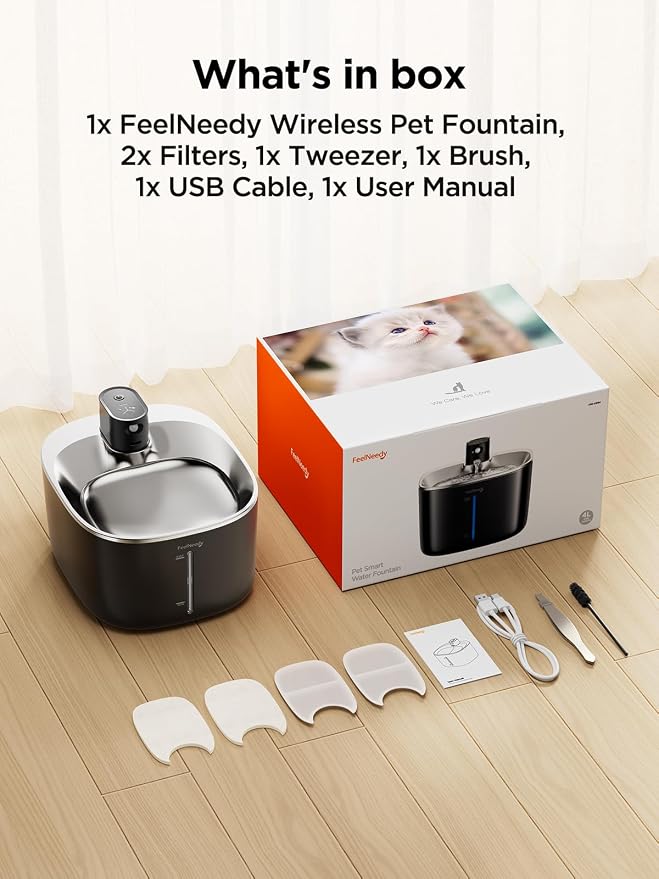 FEELNEEDY Wireless Cat Water Fountain Battery Operated, 4L/135 fl oz Pet Water Fountain for Cats and Dogs with Motion Sensor, Ultra Quiet Cat Drinking Fountain with 2 Filters (Black YPD-C004P)