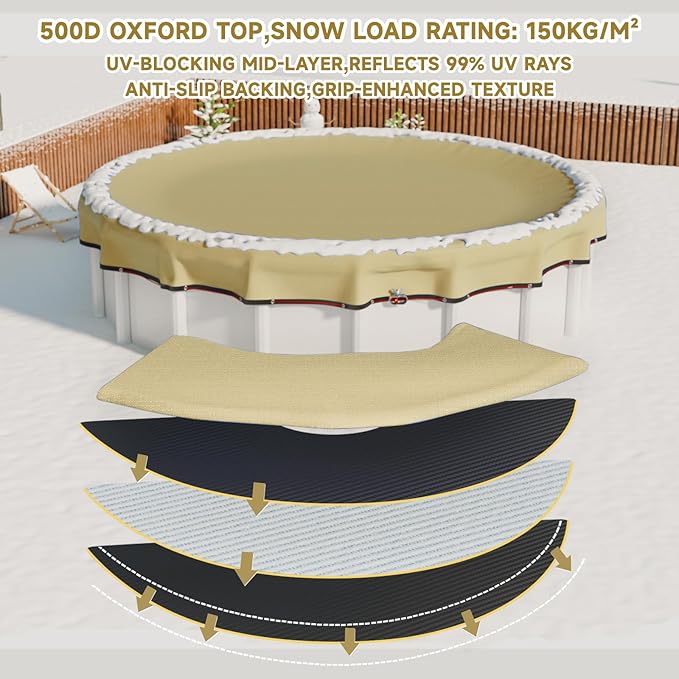 [Upgraded] 18ft/21ft/24ft/28ft Round Winter Pool Covers for Above Ground Pool Cover 28FT Cover 4FT Overlap - 500D Windproof with Steel Cable & Heavy Duty Winch - Swimming Pool Winter Cover Beige