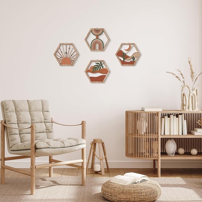4 Pcs Boho Wall Art Decor, Bohemian Geometric Hanging Wood Sign for Living Room, Aesthetic Abstract Desert Cactus, Minimalist Farmhouse Botanical Wooden Plaque for Apartment Bedroom(11''x9.8'')
