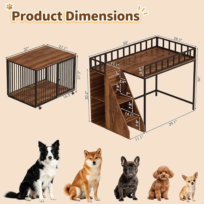 37" Dog Crate Furniture, Wooden Dog Kennel Indoor with Storage (Walnut) | Heavy Duty Pet Cage Indoor for Small & Medium Dogs, Dog Kennel with Storage Shelf, 4 Lockable Wheels and Stairs, Loft-Style
