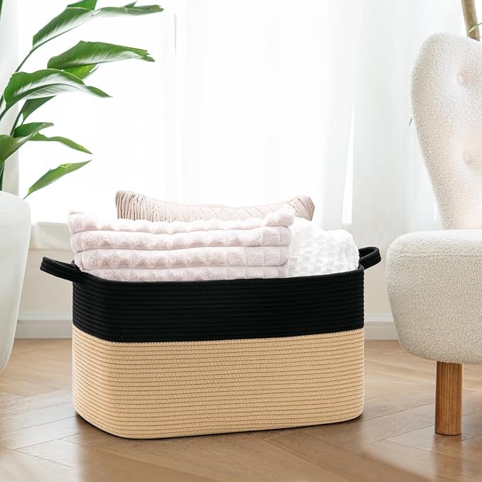 Goodpick Large Woven Blanket Basket, Rectangle, Black & Camel | 21.6'' x 14.9'' x 11.8'' Wicker Storage Basket for Toys & Blankets, Bedroom & Nursery Organization, Reinforced Handles