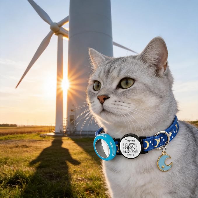 Waterproof Airtag Cat Collar Breakaway with Bell,Moon and Stars Pendant,Reflective Kitten Collar with Apple Airtag Holder,Safety Buckle for Girl Boy Cats,Pet Supplies,Accessories,Gifts (Blue B)