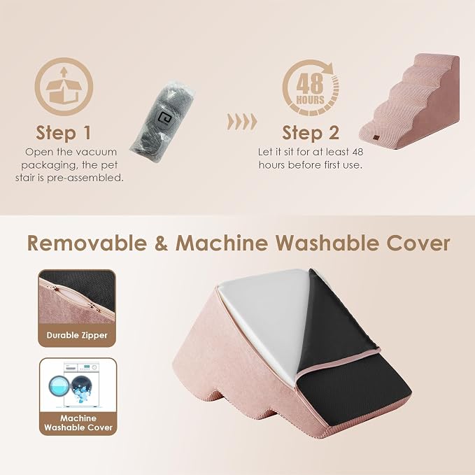 EHEYCIGA Curved Dog Stairs Ramp, 5-Step High Beds, 22.6" H Pet Step | 33D density of pure foam, for Small Dogs and Cats, Pet Stairs for High Bed Climbing, Non-Slip Balanced Indoor, Dusty Pink