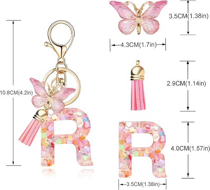 Fashion Alphabet Initial Letter Keychain Tassel Butterfly Pendant Key Ring for Purse Handbags Women Girl