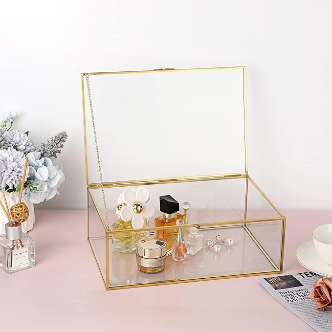 Hipiwe Vintage Glass Keepsake Box - Rectangle Jewelry Display Case, X-Large | Gold Vanity Organizer Lidded Boxes Home Decor Accent for Storage Trinket Rings Bracelet Rock