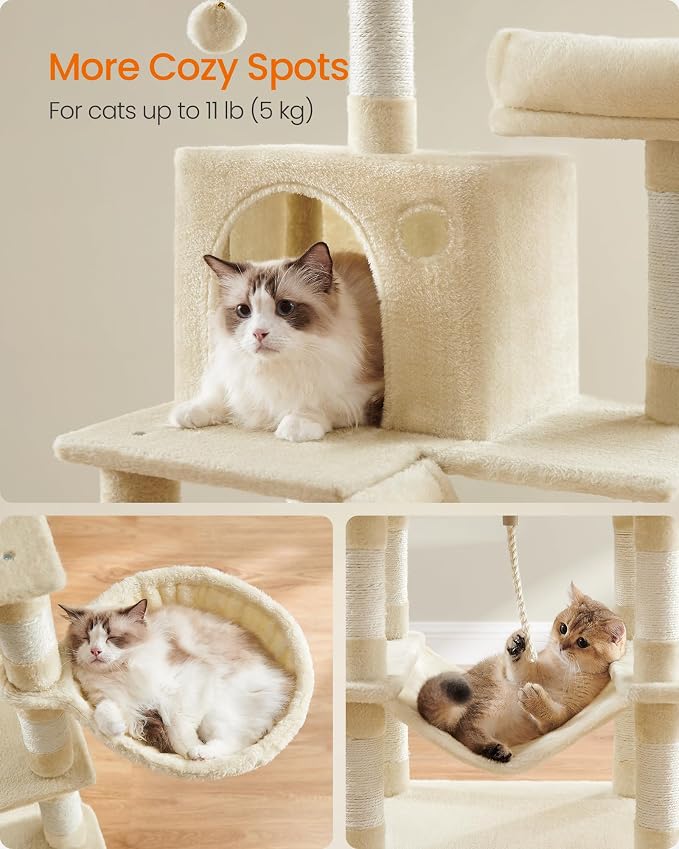 Feandrea Cat Tree, 66.1-Inch Large Cat Tower, Multi-Level Plush Condo with 13 Scratching Posts, 2 Perches, 2 Caves, Basket, Hammock, Pompoms, Beige UPCT165M01