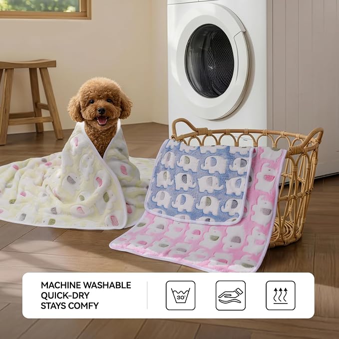 LINENLUX Dog Blankets 3-Pack, Super Soft Fluffy Fleece Pet Throw Warm | Premium flannel fleece pet throw for cats, puppy. Cozy warm for bed, crate, or couch naps; Elephant Pattern-3pcs 23x16 inch