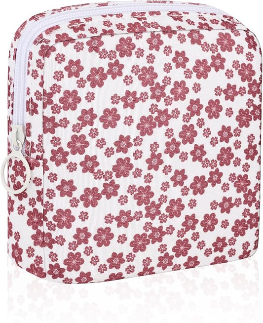 Floral Sanitary Pad Pouch Canvas Period Pad Bags for Women Pink | Discreet, Portable, Menstrual Cup and Sanitary Napkin Storage, First Period Kit Storage, Tampon Bag