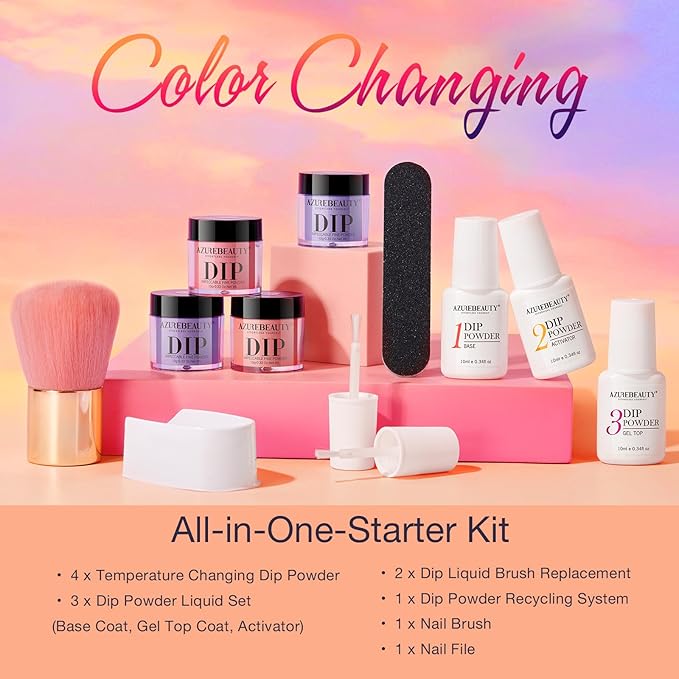 AZUREBEAUTY Color Changing Dip Powder Nail Kit Starter Fall Winter Glitter Pink Blue Purple Orange Mood Temperature Change Dipping Powder Liquid Set with Base Top Coat Activator for Home Manicure Gift