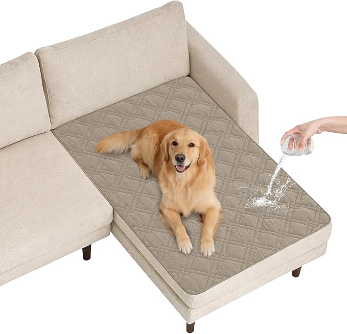 100% Waterproof Washable Dog Blanket，Khaki+Off White， 42"x50" | ,7-Layer Reversible Couch Covers for Dogs Met for Sofa Furniture Car Camping