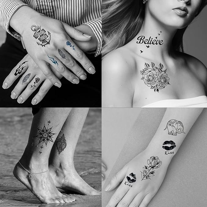 72 Sheets Temporary Tattoos for Women and Girls, Flower Tattoo Temporary, Butterfly Tattoos, Fake Black Tiny Temporary Tattoos Body Art Sticker