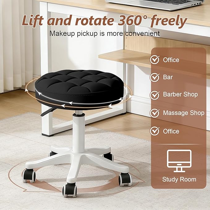 Small Rolling Stool with Wheels, PU Leather Height Adjustable Vanity Work Task Stool, 360 Swivel, Padded Seat Cushion, for Salon, Home, Office