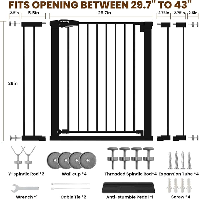 Mumeasy 36" Extra Tall Baby Gate for Stairs, 29.7-43" Auto Close Dog Gate