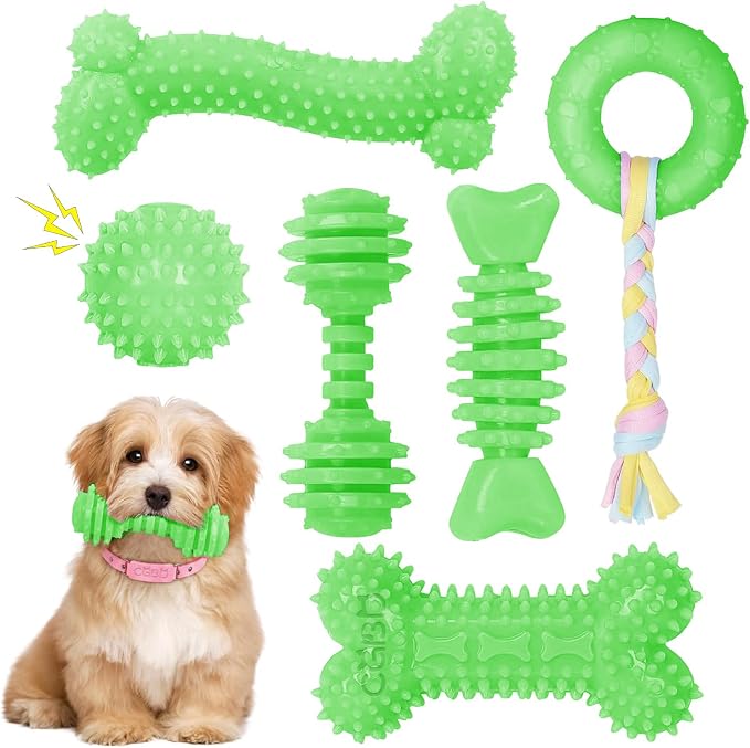 Puppy Toys, 6 Pack Dog Chew Toys for Puppy, Cute Green Small Dog Toys Teething Toys for Puppies, Soft Durable Interactive Chew Toy for Small Dogs