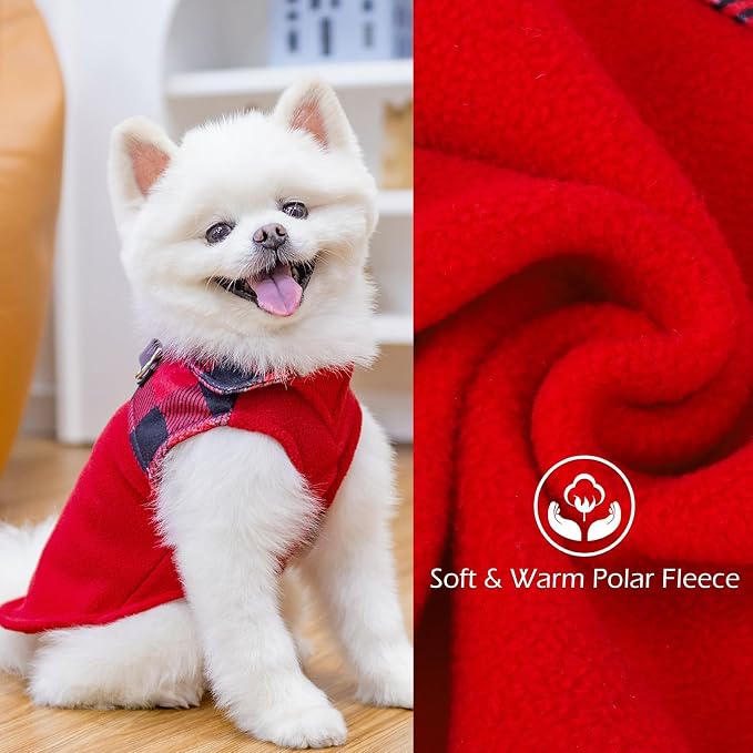 Christmas Fleece Dog Sweater for Small Medium Dogs - Classic Plaid Jacket, Doggie Winter Coat Vest with 2 D-Rings for Leash, Cold Weather Clothes,Pet Apparel,Sweatershirt for Boy or Girls