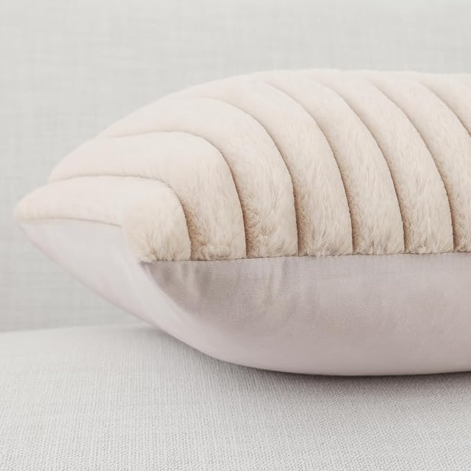 Pallene Faux Fur Decorative Throw Pillow Covers 12x20 Set of 2, Apricot | Luxury Plush Texture, Striped Design, Cozy Soft Touch, Modern Home Accent Decor for Couch, Sofa, Bed, Living Room