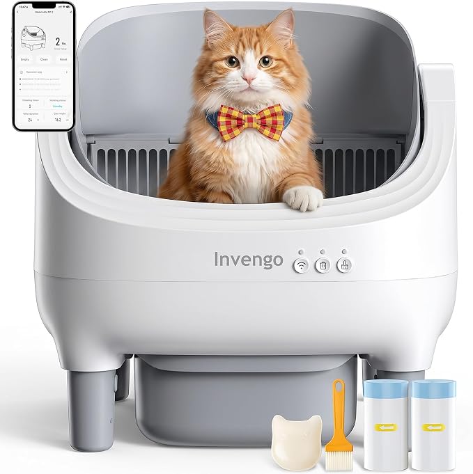Invengo Automatic Cat Litter Box Self Cleaning, App Control, Open-Top Automatic Litter Box with Safety Sensors, Ultra-Quiet, 10.5L Waste Bin with Odor Control, 2 Rolls of Garbage Bags, Slate Gray