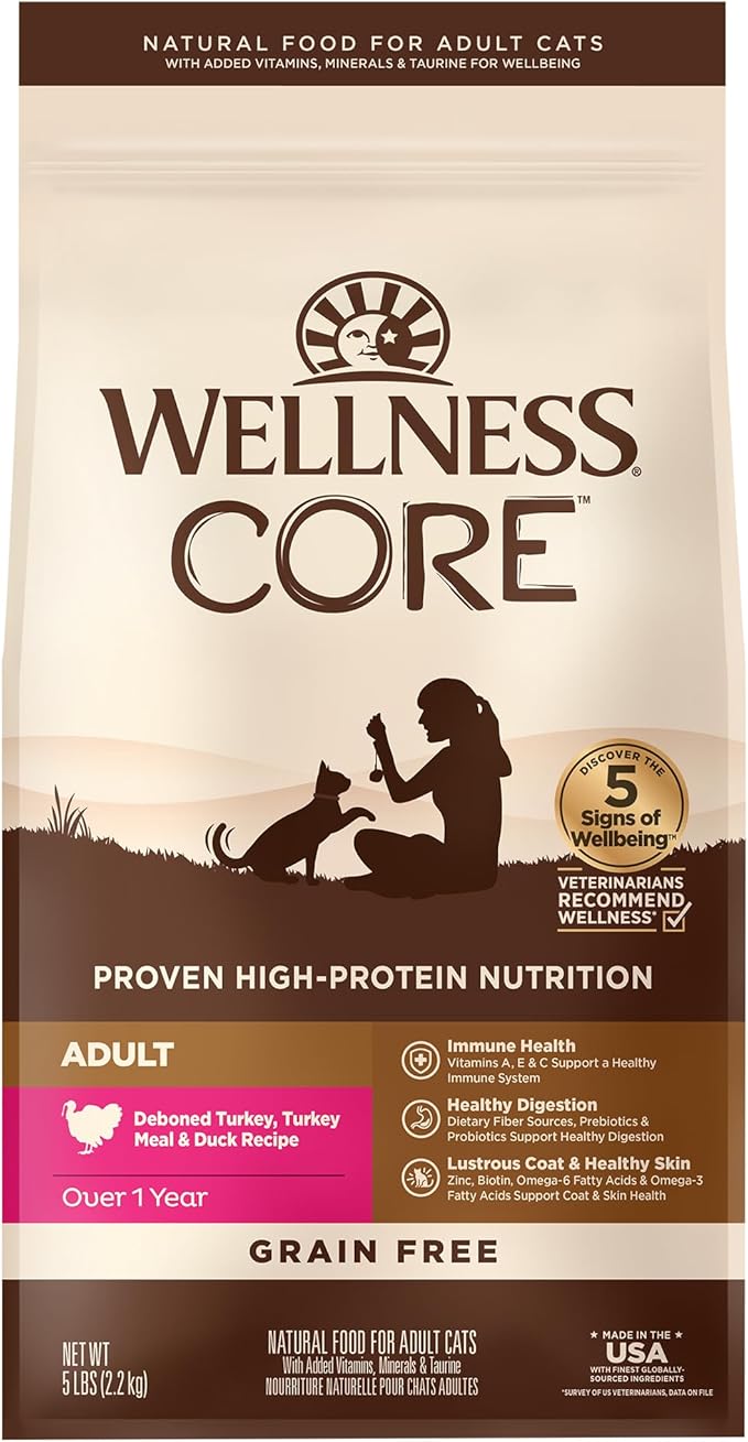 Wellness CORE Adult Dry Cat Food, Natural, Grain Free Kibble, Turkey, Turkey Meal and Duck Recipe, 5 lb Bag
