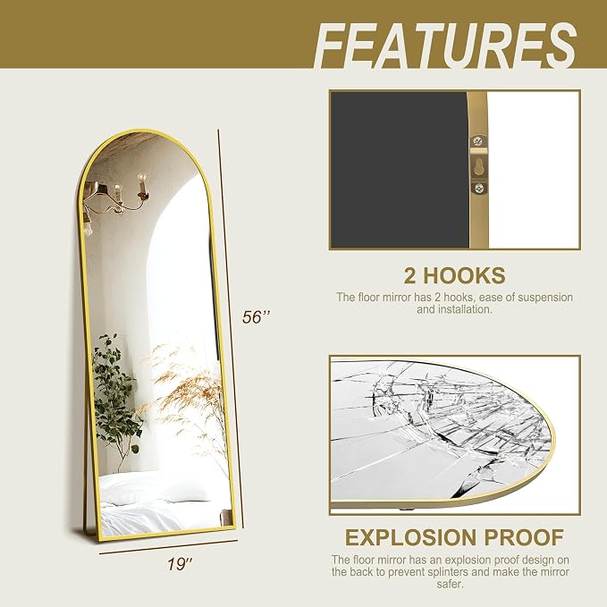 Full Length Mirror, Large Floor Mirror for Wall, Bedroom, Bathroom, Living Room with Aluminium Frame (Stand, Arch 56x15-Gold) | Aluminium alloy frame with HD float glass for distortion-free reflection. Free standing or wall mounted.