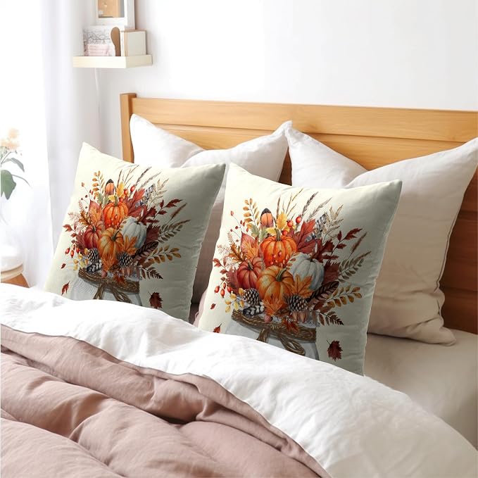 Kawani Vintage Fall Pillow Covers 16x16 Inch Set of 2 Orange Pumpkin Autumn Leaves Floral Cotton Linen Pillowcase for Couch Sofa Seat Bench Farmhouse Rustic Living Room Decor