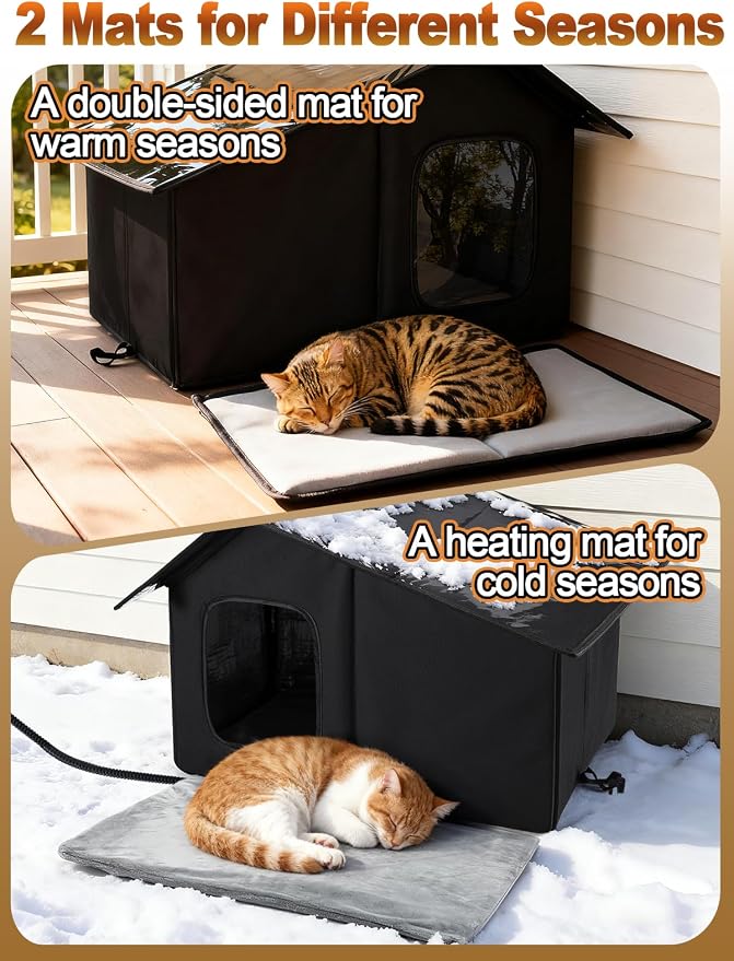 Weatherproof Heated Cat Houses for Outdoor Cats - Insulated Cat Shelter for Winter with Thermostatic Heating Pad and Escape Door, Warm Outside Pet House Gift for 1-2 Feral Cats (Black)