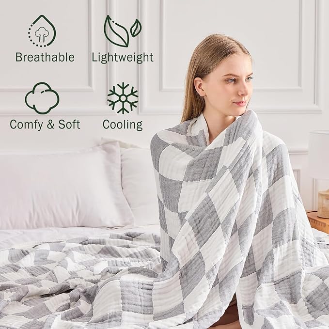 EMME Cooling Muslin Twin Blanket - Checkered Lightweight Summer Cotton Blankets of Rayon Derived from Bamboo for Hot Sleepers, Soft Breathable All Season Gauze