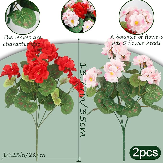 CISDUEO 4 Pcs Artificial Geranium Outdoors Silk Flowers Outside Red Pink | UV Resistant Fake Geraniums Bush Faux Flowers for Planter Outdoor Decor Indoor Garden Patio Table Centerpiece