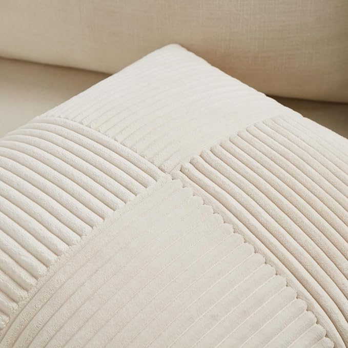 Fancy Homi Cream Lumbar Decorative Throw Pillow Covers 26x16 Inch for Living Room Couch Bed Sofa, Rustic Farmhouse Boho Home Decor, Soft Striped Corduroy Rectangle Accent Cushion Case 40x65 cm
