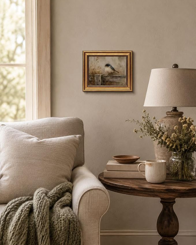 Gold Framed Wall Art, Rustic Nature Bird Canvas Prints, Neutral Farmhouse Bird Picture Wall Decor, Vintage Country Cottagecore Artwork for Living Room Bedroom 12x16 inch