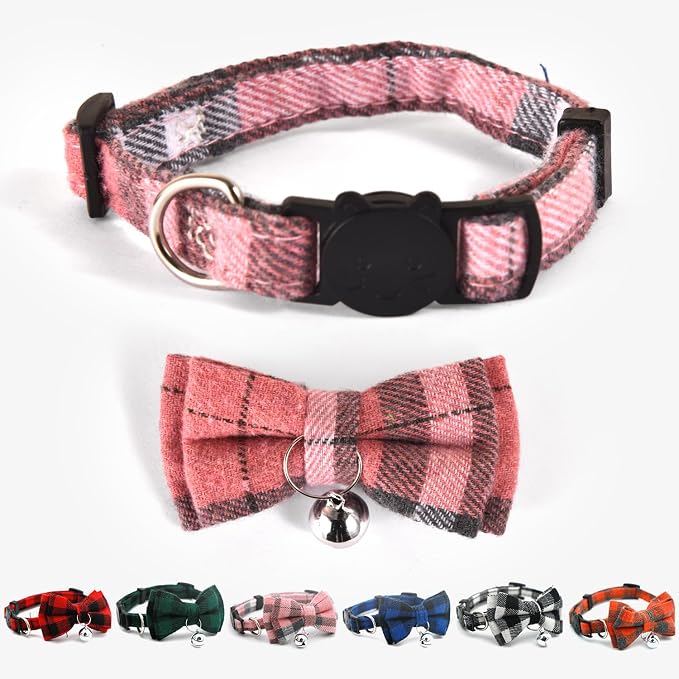 Plaid Breakaway Cat Collar with Bell & Removable Bow Tie – Cotton Kitten Collar with Bells for Boy Cats or Small Dogs. Adjustable Size 8-13.2in (Pink)