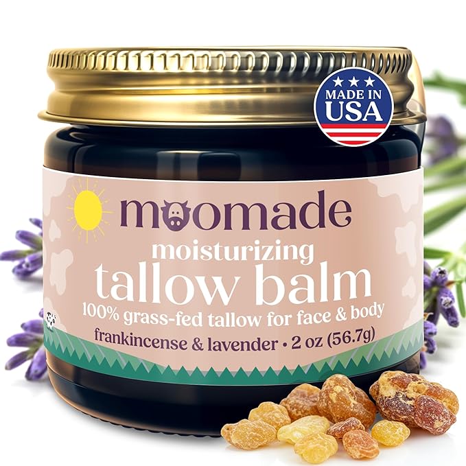 Organic Beef Tallow Balm with Frankincense, Lavender, & Rosehip Oil, 2 oz – Hand Made in USA Tallow Moisturizer for Dry, Sensitive Skin, Rosacea, Eczema | Natural Hydration for Face & Body