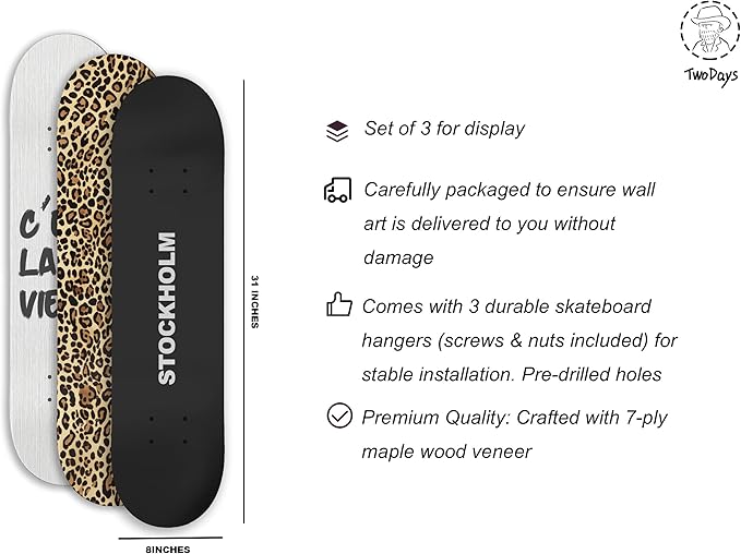 TwoDays Stockholm Style Skateboard Wall Decor - Modern Wall Mount Art Set for Men's Apartment & Dorm, Cool Cheetah Print Skate Deck, Trendy Skater Room Design (Set of 3)