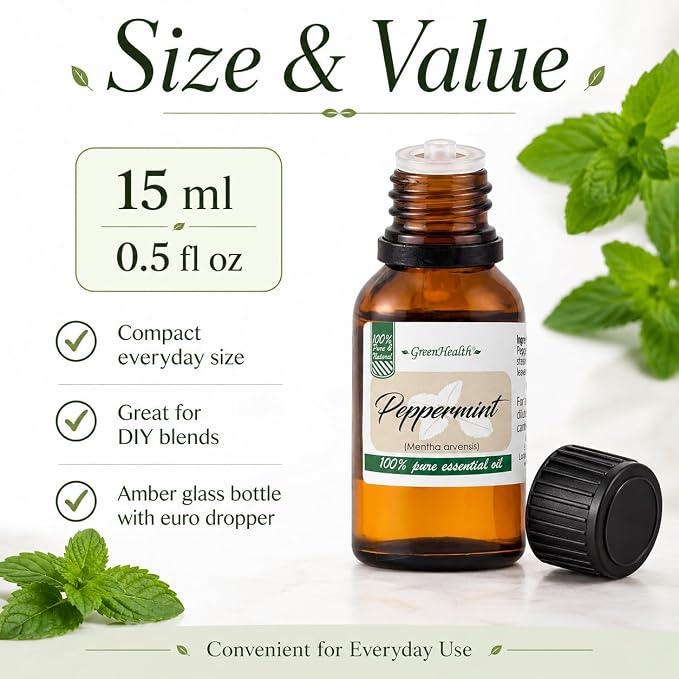 GreenHealth Japanese Peppermint Essential Oil – 15 ml – 100% Pure & Uncut – Strong Menthol Aroma – Glass Bottle for Diffusers, Cleaning, DIY Use – Bottled in USA