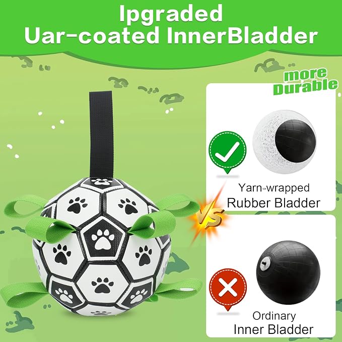 Dog Soccer Ball with Straps, 7.25 Inch Herding Dog Ball Toys Dog Birthday Toy, Balls for 30-90lbs Dogs, Outdoor Dog Ball Toy for Medium Large Puppy, Interactive Toy for Tug, Water Toy Ball